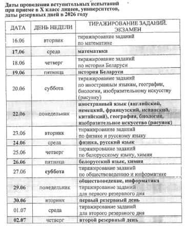О датах проведения вступительных испытаний при приёме в Х класс лицеев, университетов в 2026 году